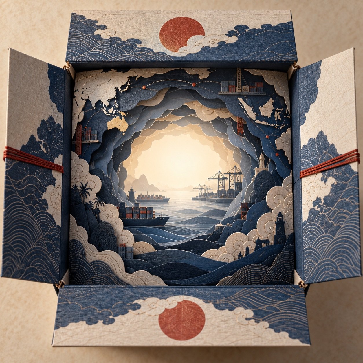 Layered illustrated box opening onto a maritime trade world