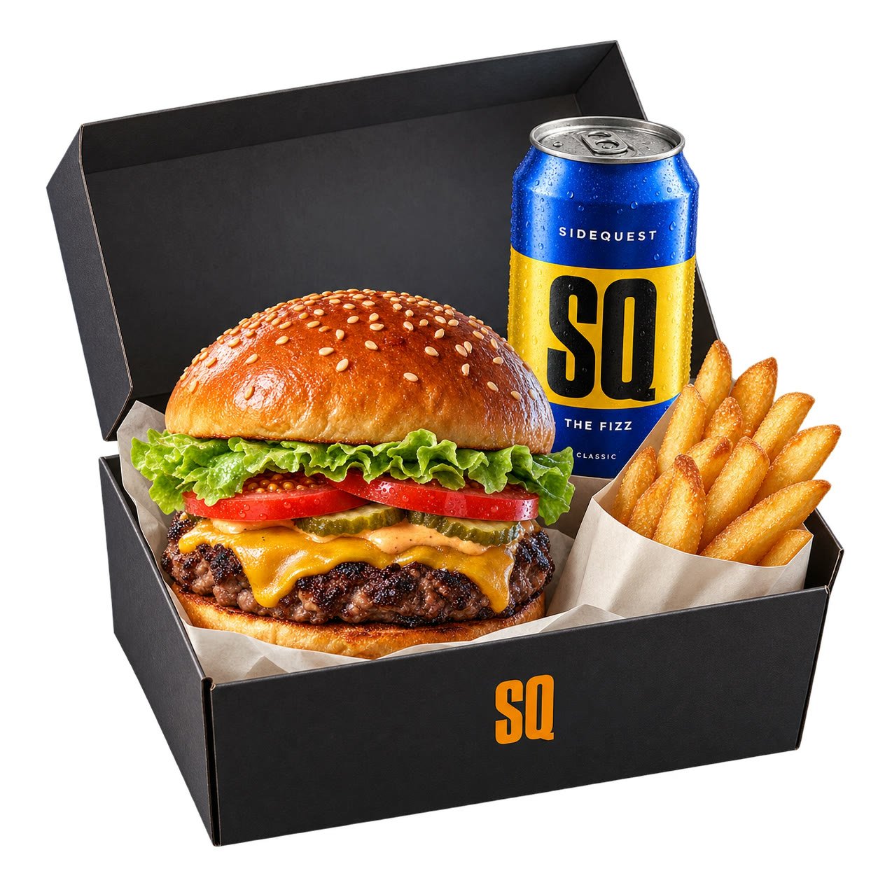 SIDEQUEST meal box with burger, fries, and soda