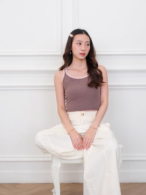 Essora look: fitted mocha tank with wide cream trousers