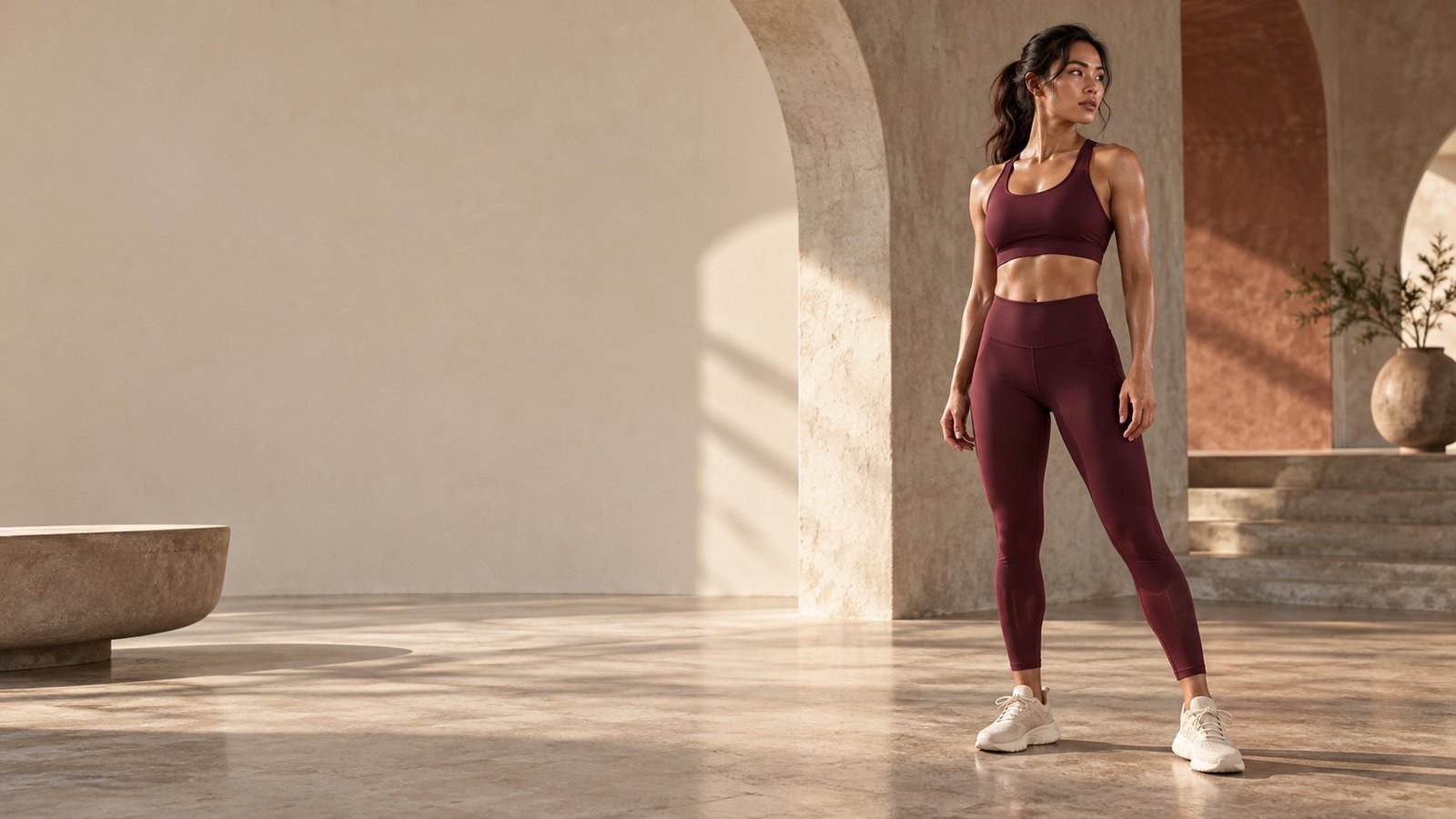 Athlete wearing burgundy activewear