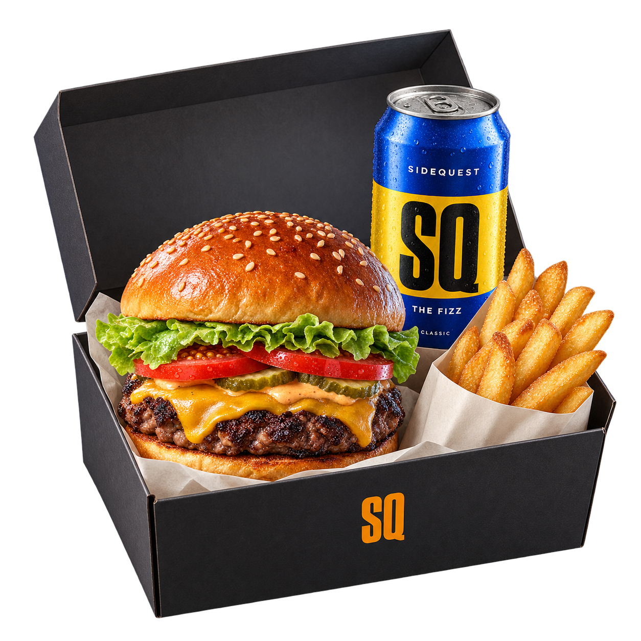 SIDEQUEST meal box with burger, fries, and a soda