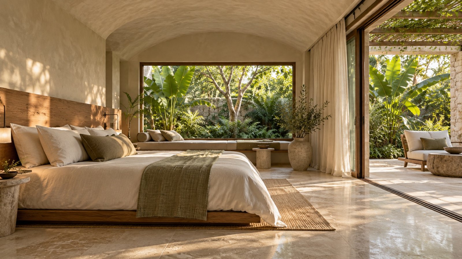 Garden suite with a warm minimalist bedroom