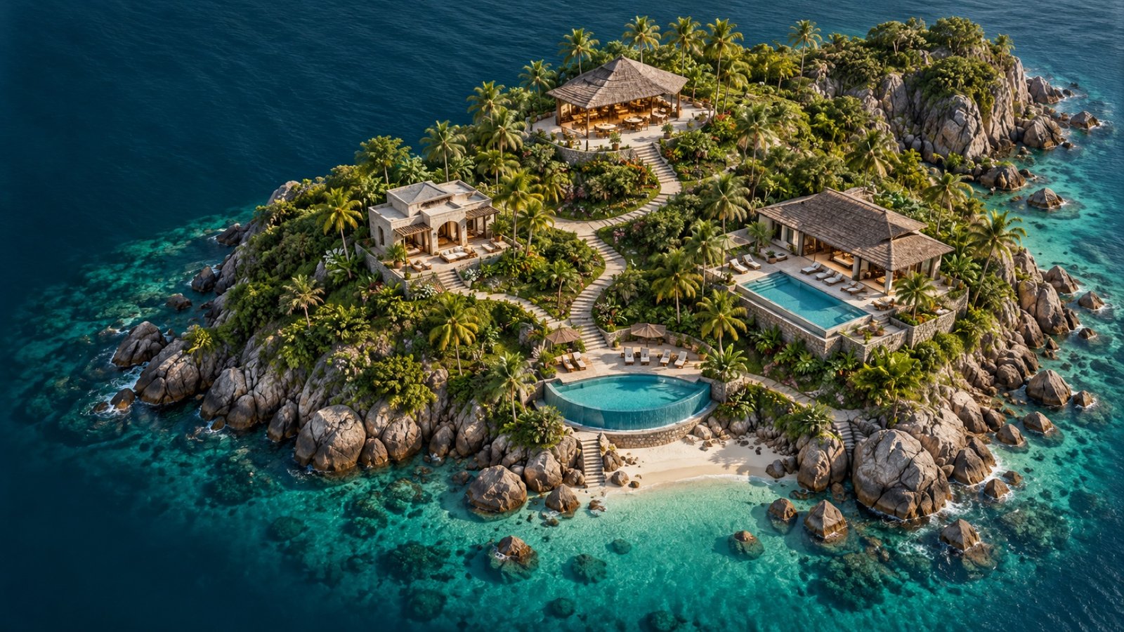 SORA miniature coastal resort map with villa hotspots